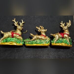 Vintage Unique Rare Plastic Gold Reindeers Christmas Ornaments" 3pcs.set